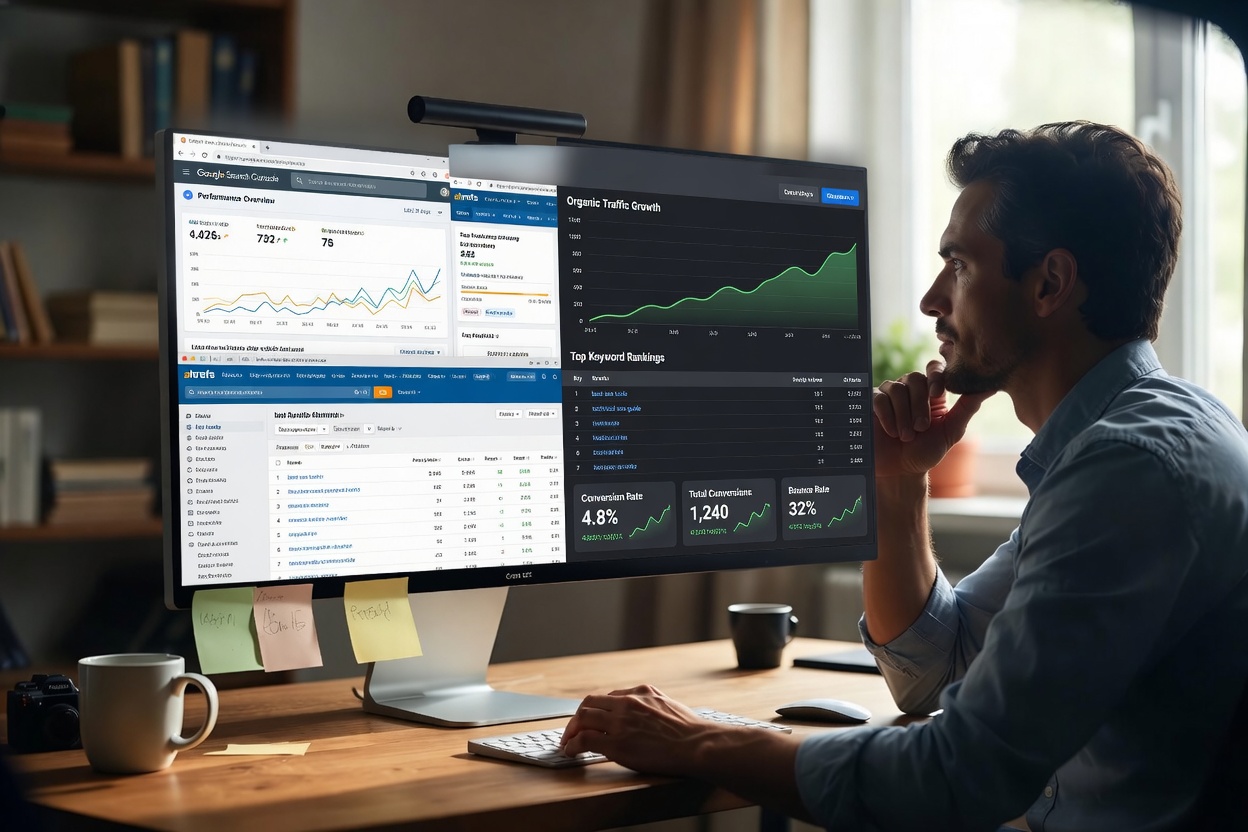 Business owner reviewing SEO analytics and organic traffic dashboards